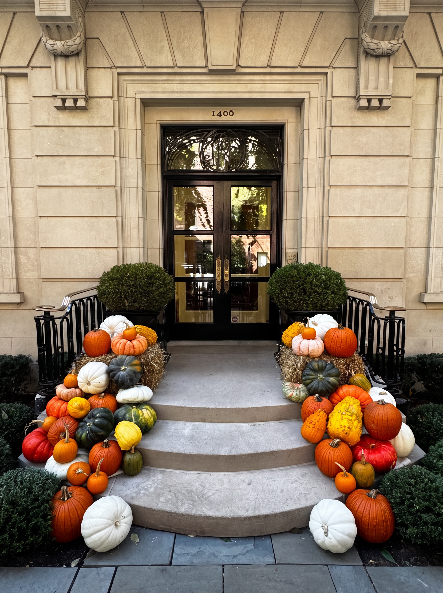 A finished pumpkin display on a Gold Coast doorway